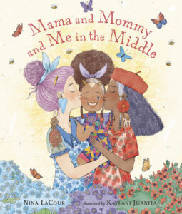 The illustrated cover of Mama and Mommy and Me in the Middle. Two moms, one with purple hair and the other with a red beret kiss each cheek of a small girl with an afro. 